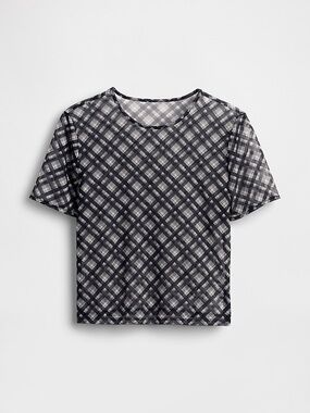 GAP Black Plaid Mesh Short Sleeve Crop Top